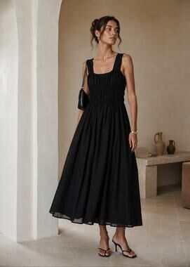 Burberry Black Cotton Midi Dress Wide Straps Size 2